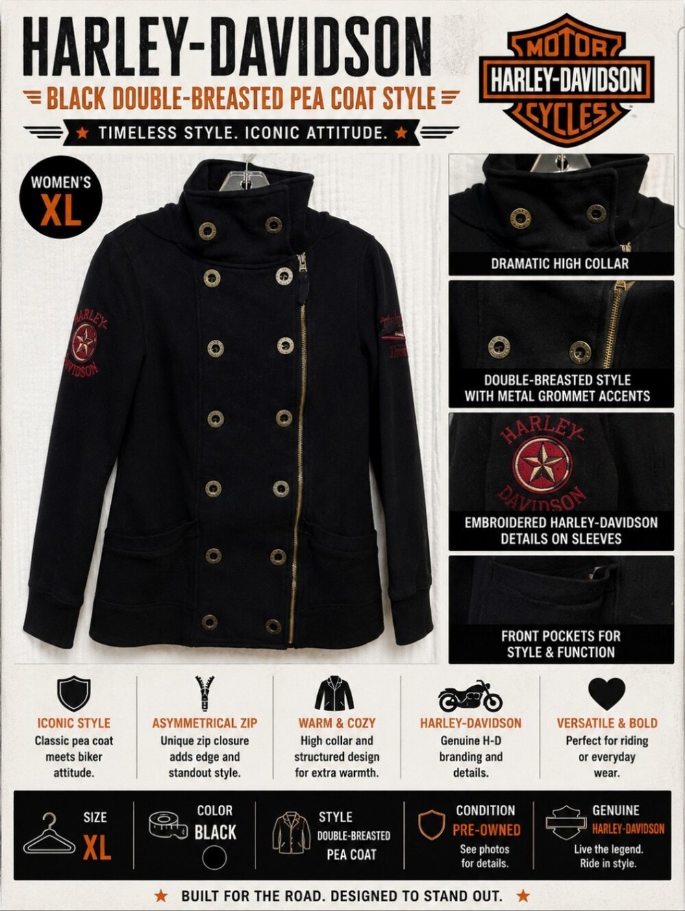 Harley-Davidson Black Double-Breasted Pea Coat Style Riding JACKET
